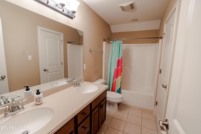 full bathroom with shower / bathtub combination with curtain, tile patterned floors, toilet, and vanity