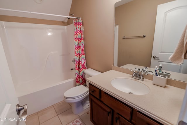 full bathroom with tile patterned flooring, vanity, toilet, and shower / bathtub combination with curtain