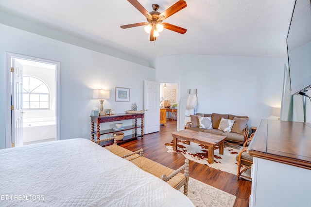 bedroom with dark wood-type flooring and ceiling fan