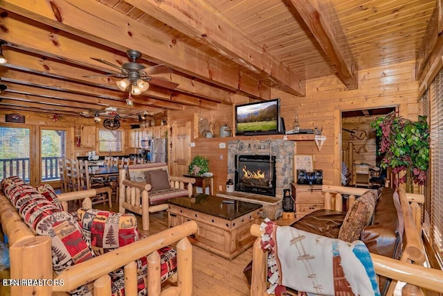 living room featuring a fireplace, wood ceiling, wooden walls, and beamed ceiling