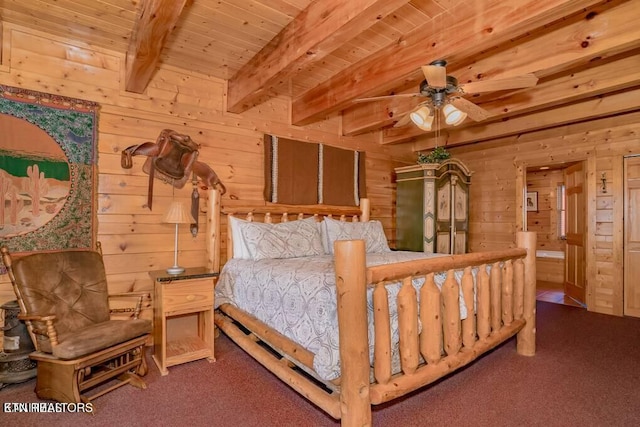 carpeted bedroom featuring beamed ceiling, wood ceiling, and wooden walls