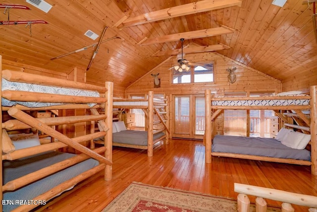 unfurnished bedroom with wood-type flooring, vaulted ceiling with beams, wooden walls, and wood ceiling