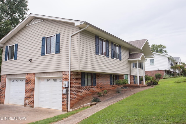 view of property exterior featuring a garage and a lawn