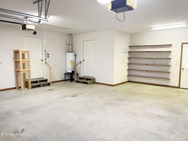 garage with water heater and a garage door opener