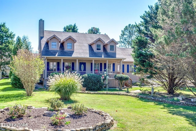 new england style home with covered porch and a front yard