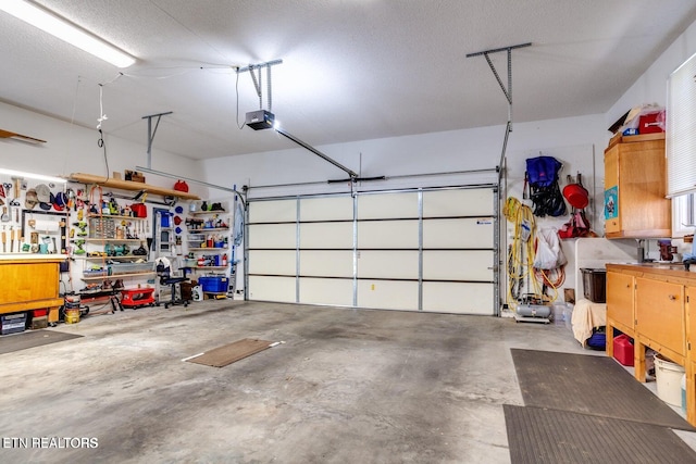 garage with a garage door opener and a workshop area