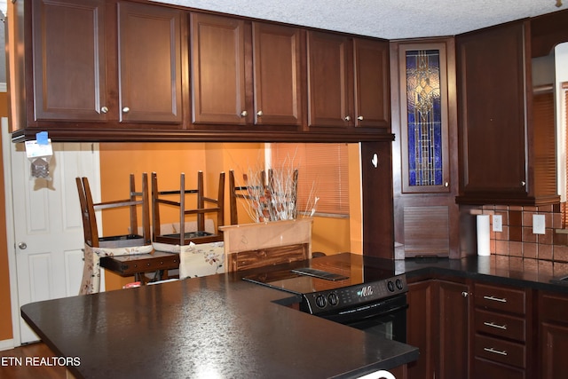 kitchen with electric range, a textured ceiling, and decorative backsplash