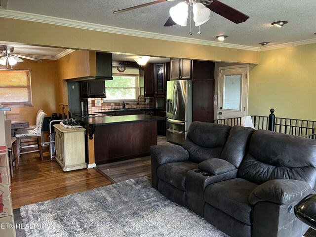 111 Old Evacuation Ln, Oliver Springs, TN 37840 - living room with ceiling fan, dark wood-style floors, ornamental molding, and a textured ceiling
