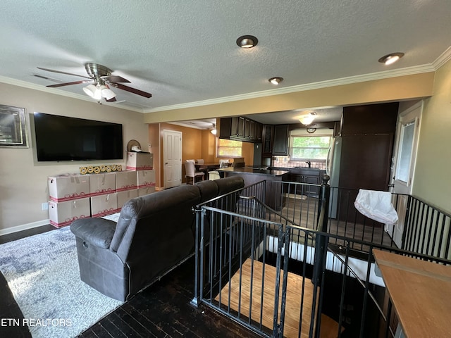 111 Old Evacuation Ln, Oliver Springs, TN 37840 - living room featuring ornamental molding, a ceiling fan, a textured ceiling, baseboards, and wood finished floors