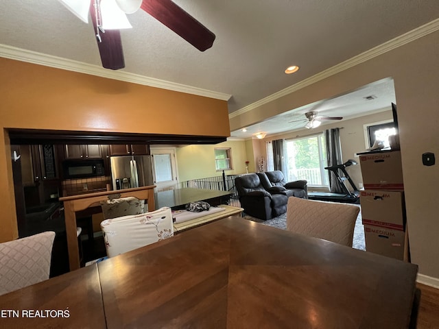 111 Old Evacuation Ln, Oliver Springs, TN 37840 - dining space featuring a ceiling fan, ornamental molding, baseboards, and recessed lighting