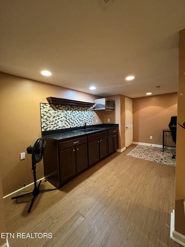 111 Old Evacuation Ln, Oliver Springs, TN 37840 - bar area with light wood-type flooring, a sink, baseboards, recessed lighting, and tasteful backsplash