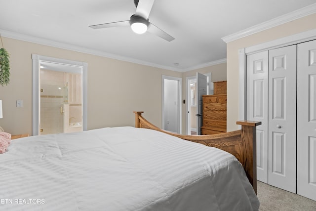 carpeted bedroom with crown molding, a closet, ceiling fan, and ensuite bathroom