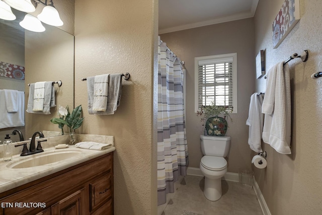 full bath with tile patterned flooring, toilet, crown molding, vanity, and curtained shower