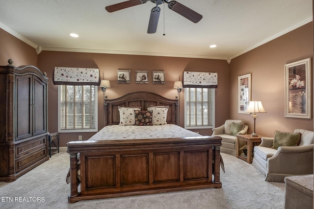 bedroom featuring light colored carpet, crown molding, recessed lighting, a ceiling fan, and baseboards