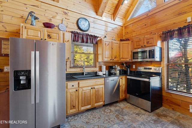 kitchen featuring appliances with stainless steel finishes, sink, wood ceiling, and wood walls