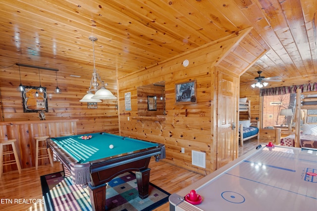 recreation room with wood ceiling, billiards, ceiling fan, and light hardwood / wood-style floors