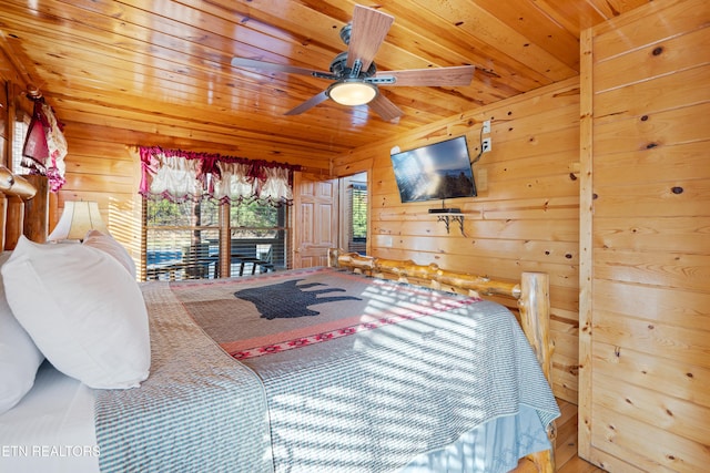 bedroom with wooden walls, wooden ceiling, and access to outside