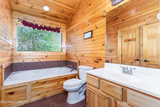 bathroom with lofted ceiling, a bathtub, wood ceiling, toilet, and tile patterned floors