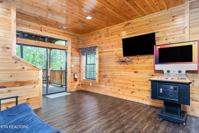 living room featuring dark hardwood / wood-style floors, wood ceiling, and wood walls