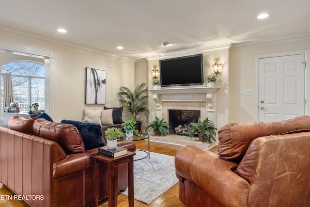 living room with light hardwood / wood-style floors, ornamental molding, and a premium fireplace