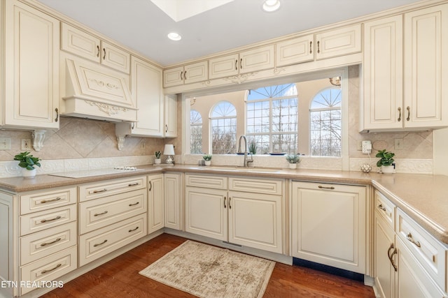 kitchen with cream cabinetry, premium range hood, a sink, and dark wood-style flooring