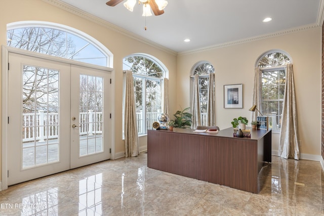 office space featuring crown molding, ceiling fan, and french doors