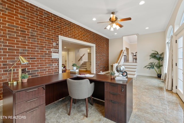 office featuring baseboards, brick wall, recessed lighting, and crown molding