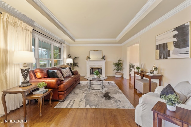 living area with a raised ceiling, ornamental molding, a premium fireplace, and wood finished floors