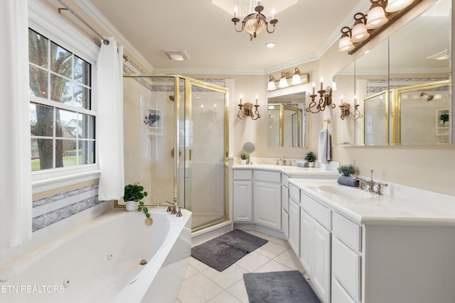 full bath featuring ornamental molding, tile patterned flooring, a shower stall, and vanity