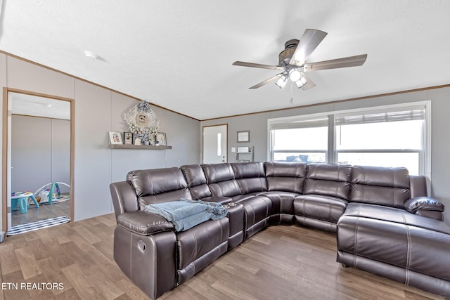 living room with ceiling fan, hardwood / wood-style floors, ornamental molding, a textured ceiling, and vaulted ceiling