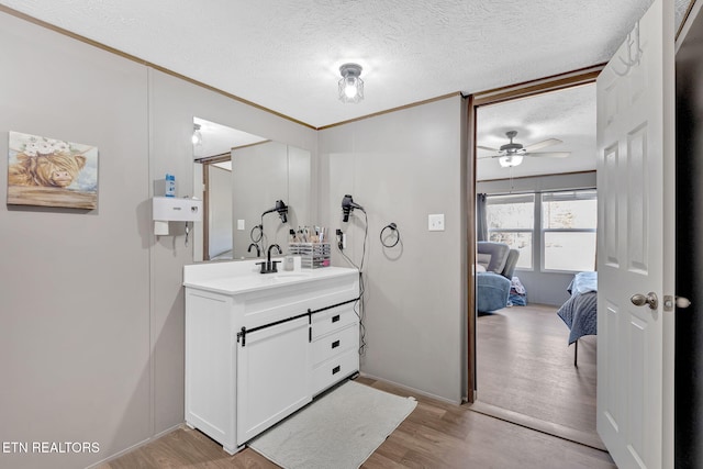 bathroom with vanity, hardwood / wood-style flooring, ornamental molding, and a textured ceiling