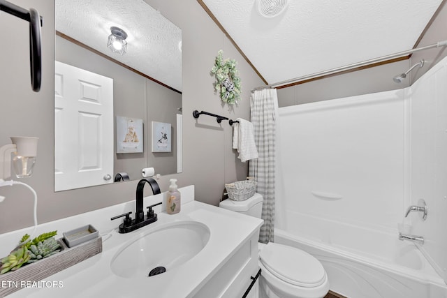 full bathroom featuring shower / bathtub combination with curtain, crown molding, vanity, a textured ceiling, and toilet