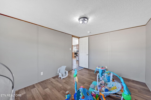 rec room featuring hardwood / wood-style floors and a textured ceiling