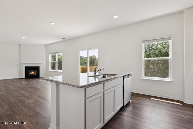 12468 Hatmaker Ln, Knoxville, TN 37932 - kitchen with a sink, stainless steel dishwasher, dark wood-style floors, light stone counters, and recessed lighting