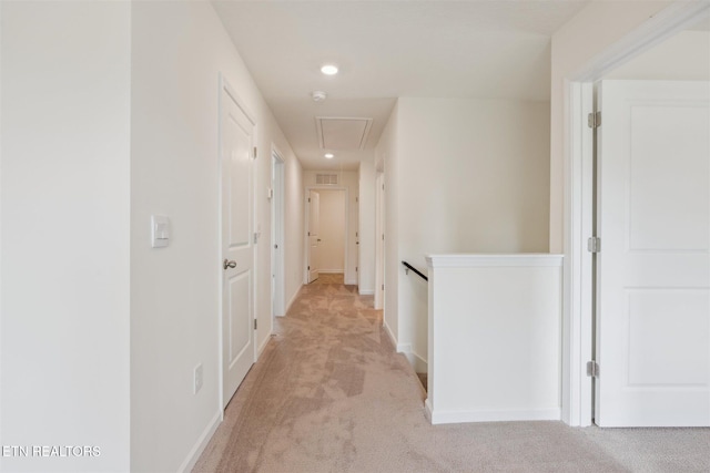 12468 Hatmaker Ln, Knoxville, TN 37932 - corridor with attic access, light colored carpet, recessed lighting, an upstairs landing, and baseboards