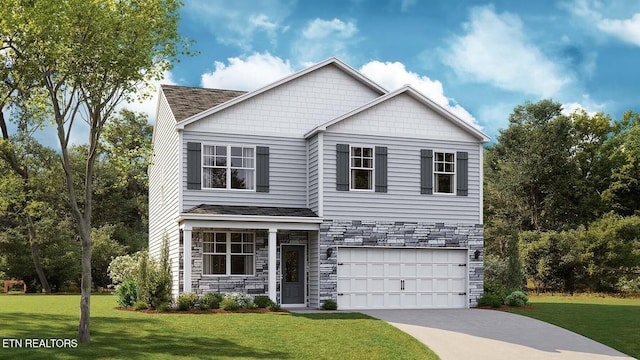 craftsman-style home featuring a garage and a front lawn