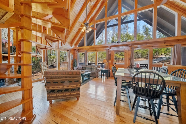 sunroom / solarium with lofted ceiling with beams, wooden ceiling, and ceiling fan