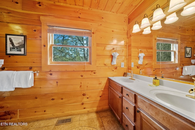 bathroom with wood ceiling, tile patterned floors, vanity, and wood walls