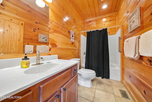 full bathroom with toilet, wood walls, wood ceiling, vanity, and shower / bathtub combination with curtain