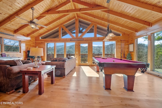 playroom featuring wooden ceiling, wooden walls, beam ceiling, and light wood-type flooring