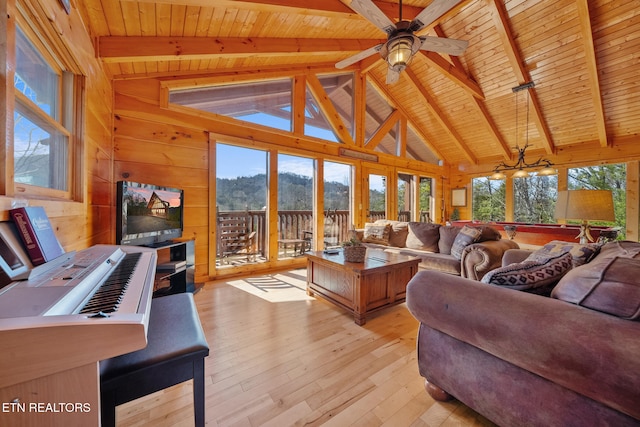 living room featuring ceiling fan, light hardwood / wood-style floors, wooden ceiling, beamed ceiling, and wood walls