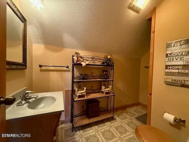 bathroom with vanity, vaulted ceiling, toilet, and a textured ceiling