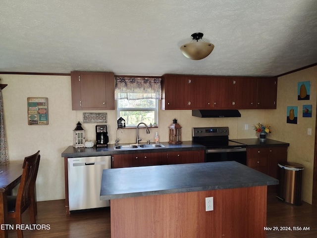 kitchen with sink, electric range, range hood, dark hardwood / wood-style floors, and stainless steel dishwasher