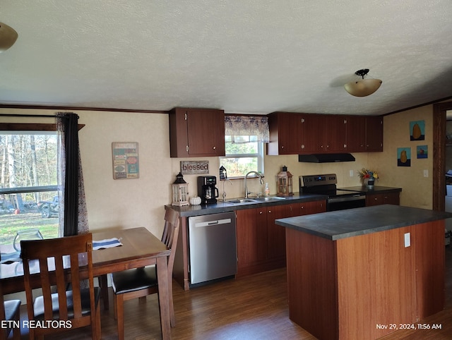 kitchen with dark wood-type flooring, extractor fan, sink, a textured ceiling, and stainless steel appliances