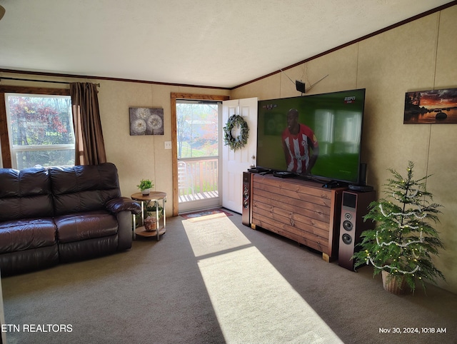 carpeted living room with crown molding and lofted ceiling