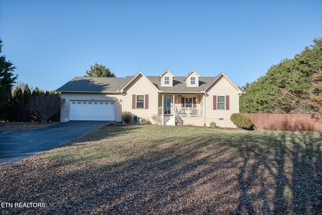 cape cod home featuring a front lawn, driveway, a porch, fence, and crawl space