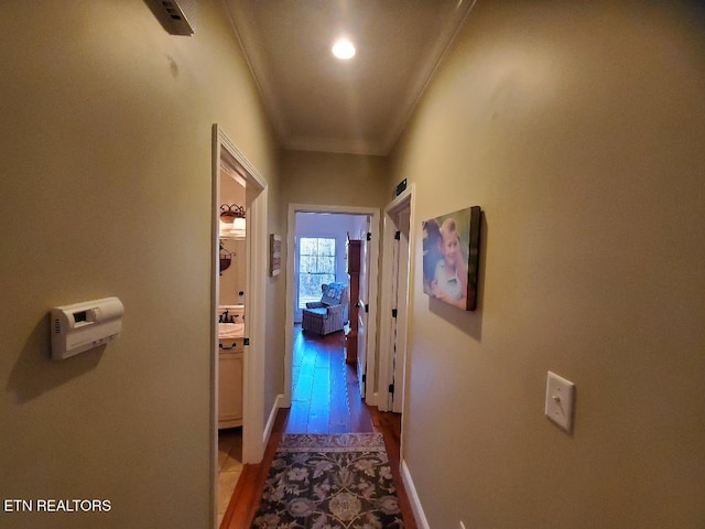 corridor featuring crown molding and hardwood / wood-style floors