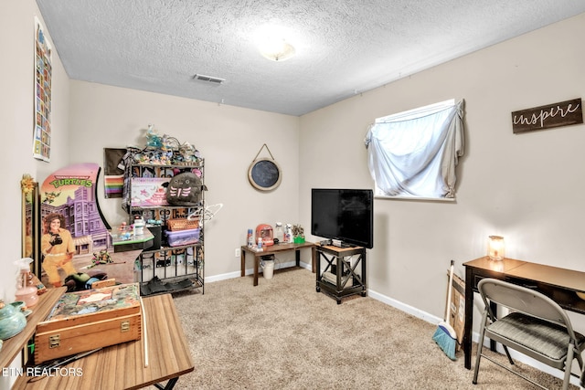 office featuring carpet and a textured ceiling