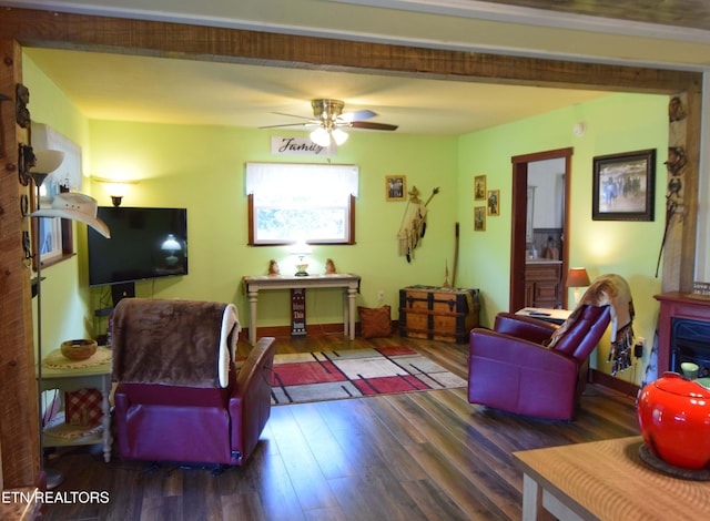 living room with ceiling fan and dark hardwood / wood-style flooring