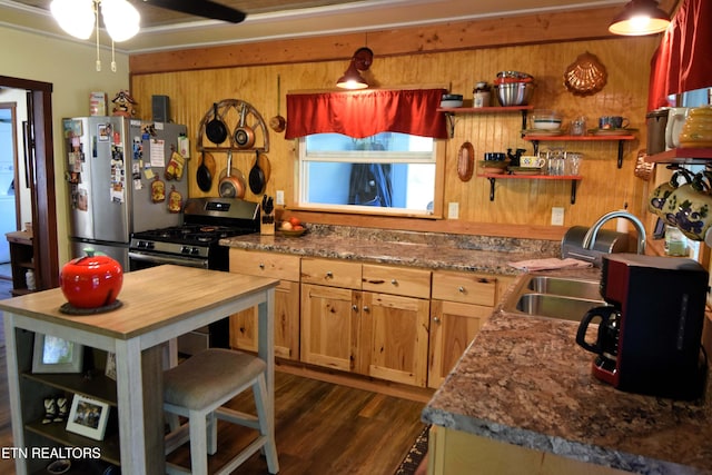 kitchen with appliances with stainless steel finishes, wood walls, sink, dark hardwood / wood-style flooring, and light stone counters